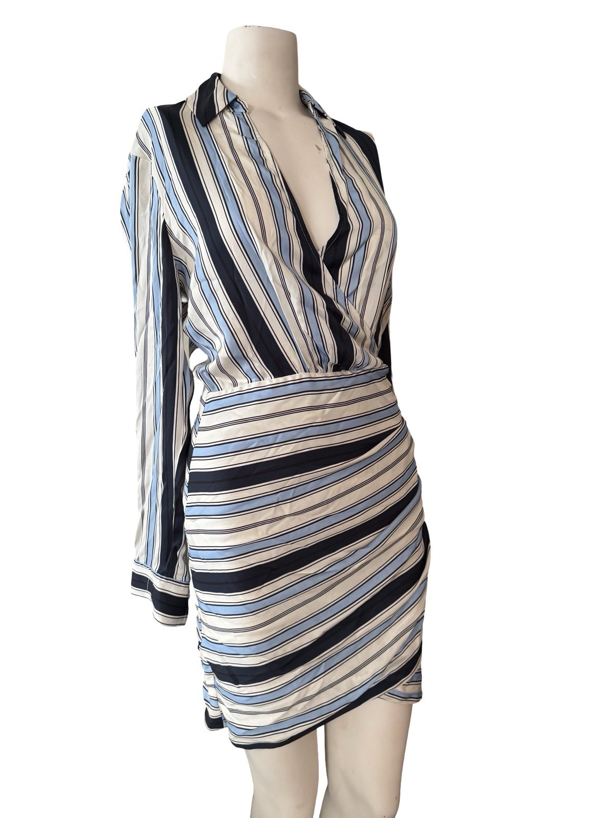 VERONICA BEARD Blouson Mini Dress Ruched Wrap Silk Blend Striped Blue sz 2