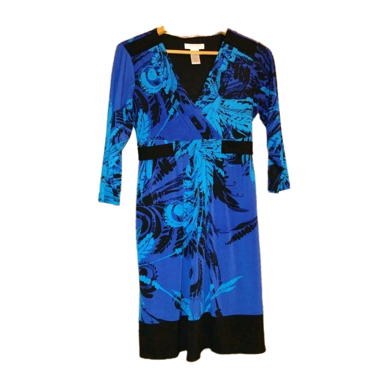 London Times Floral Black & Blue Wrap Dress 10P