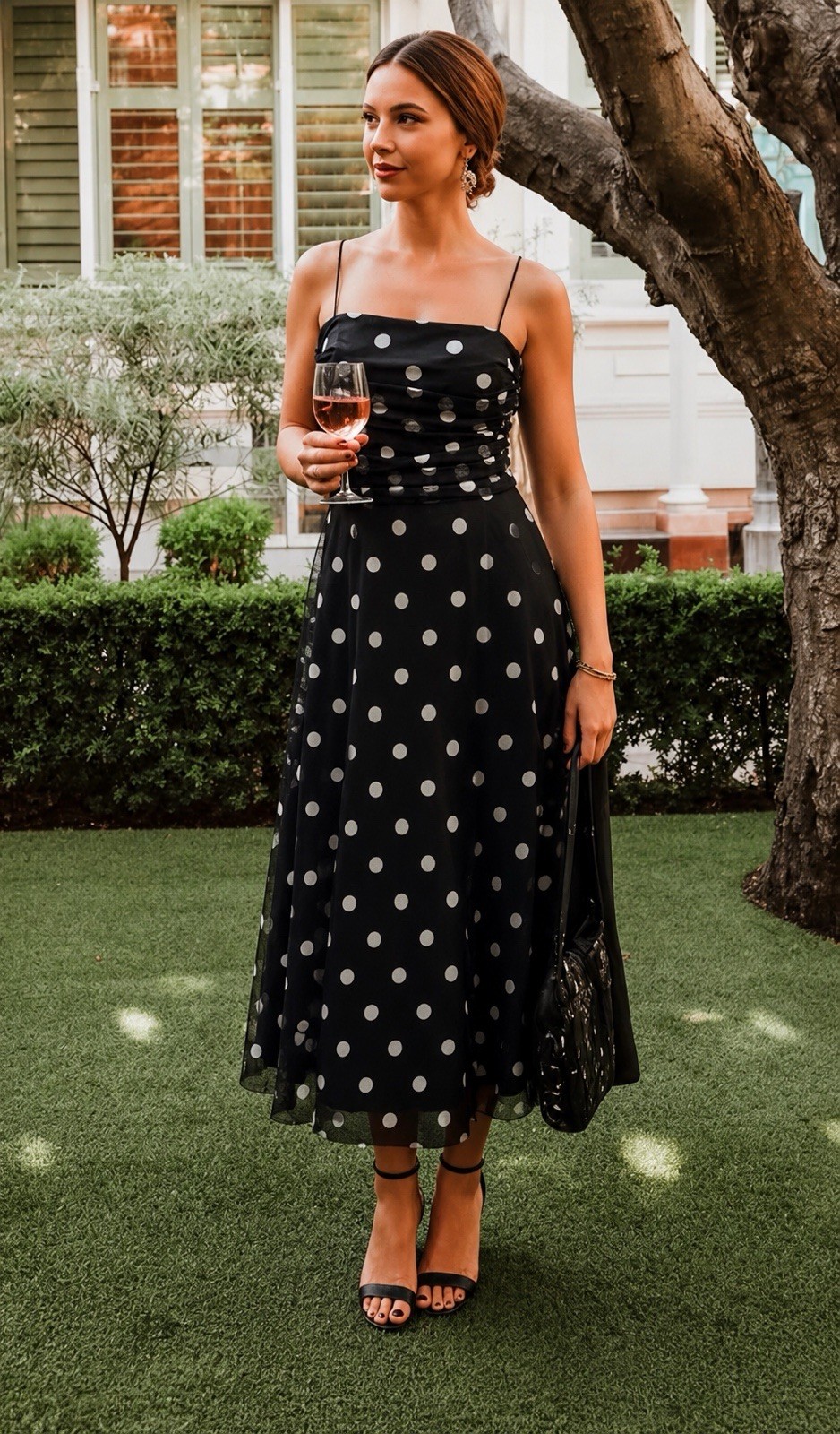 Eliza J Black White Polka Dot Mesh Cocktail Dress 14P Ruched Strapless Midi