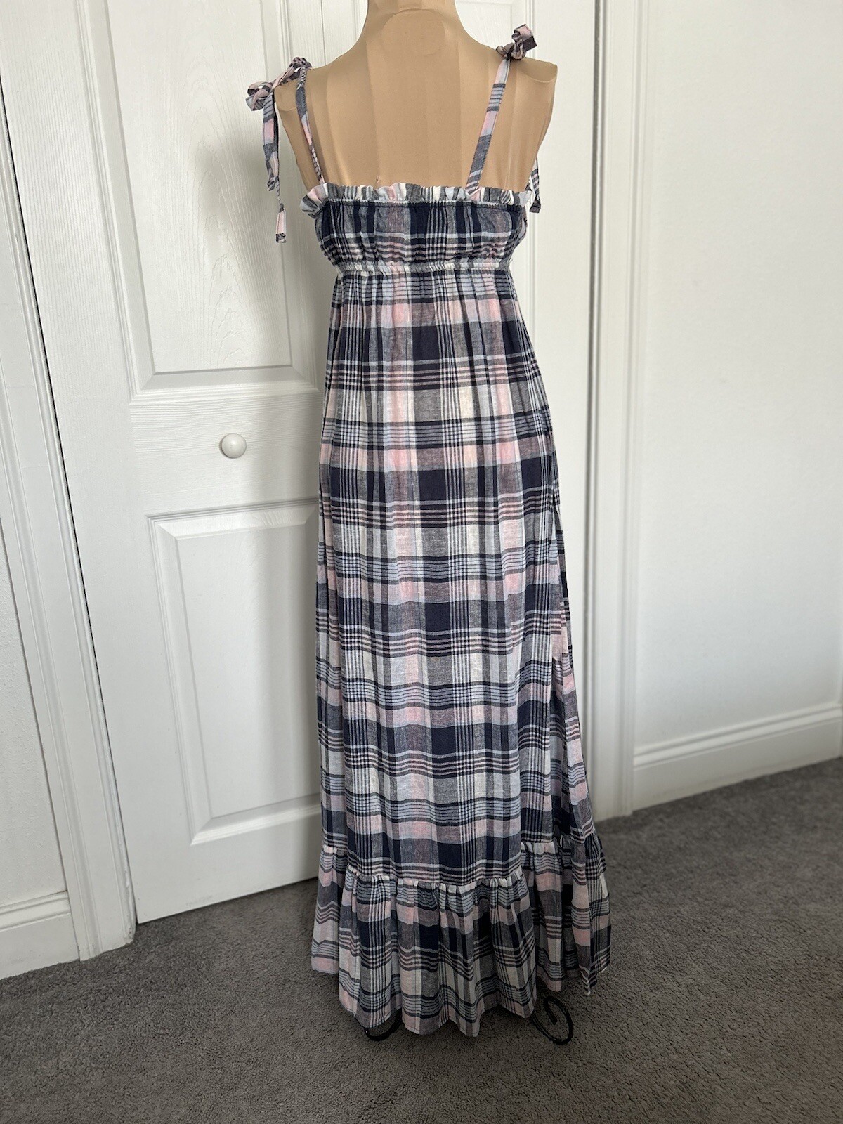 AQUA Navy Pink Plaid Tiered Hem Shoulder Tie Summer Maxi Dress Size=Various