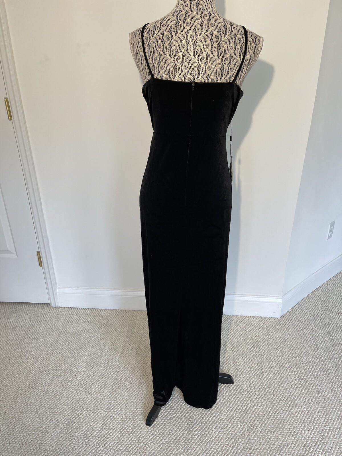 Ababalaya Size L Black Velvet Party Dress Maxi Slit Spaghetti Strap