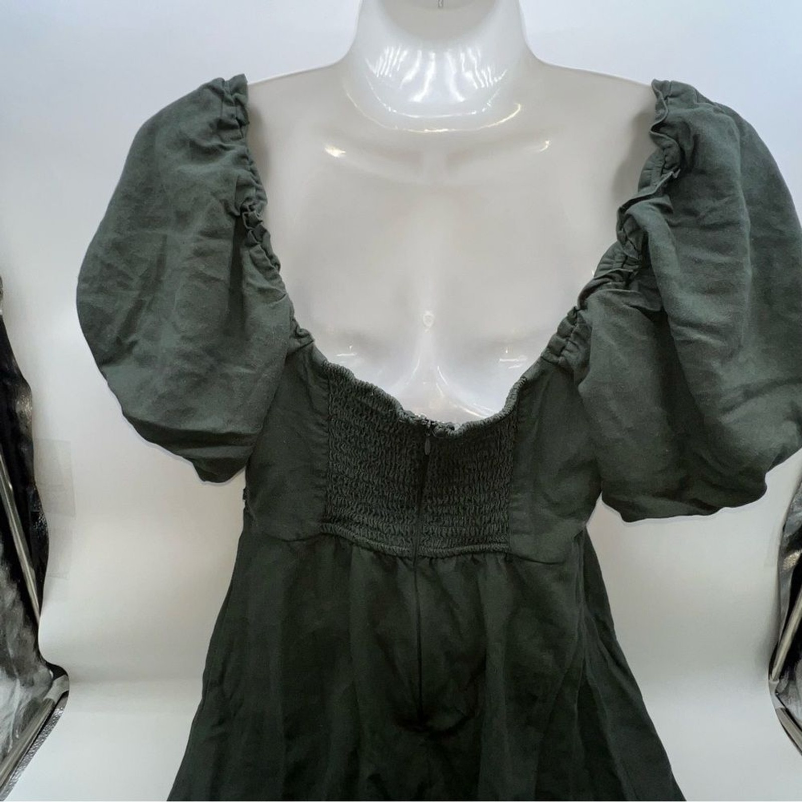 Mi Ami for Francesca’s Linen Blend Dk Green Puff Sleeve Midi Peasant Dress-Sz S