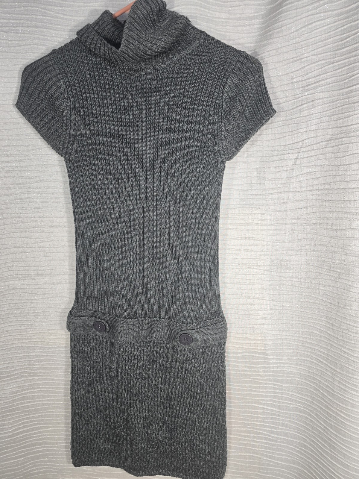 Grey Ribbed Cap-Sleeve Turtleneck Sweater Mini Dress Sz S
