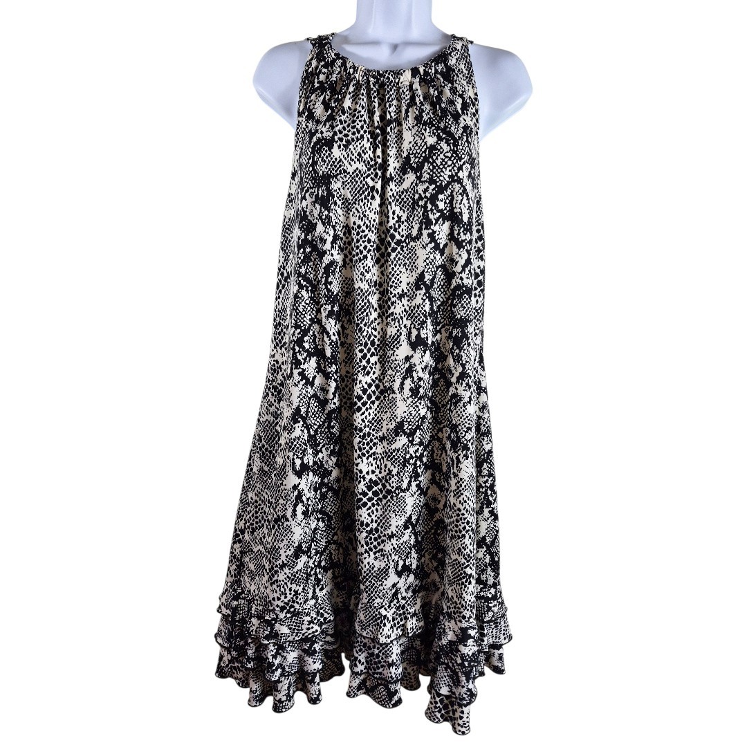 Snake Print Ruffle Hem Midi Dress XL Coastal Resort Quiet Luxury Vacation Shift