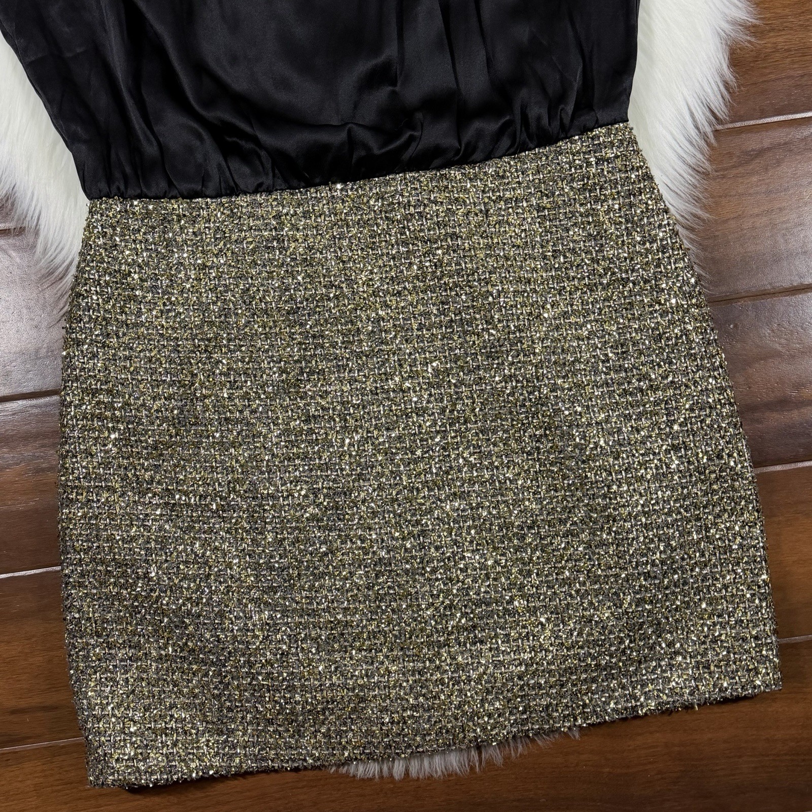 Amanda Uprichard Women’s Size Large Black Gold Silk Tweed Brantley Dress