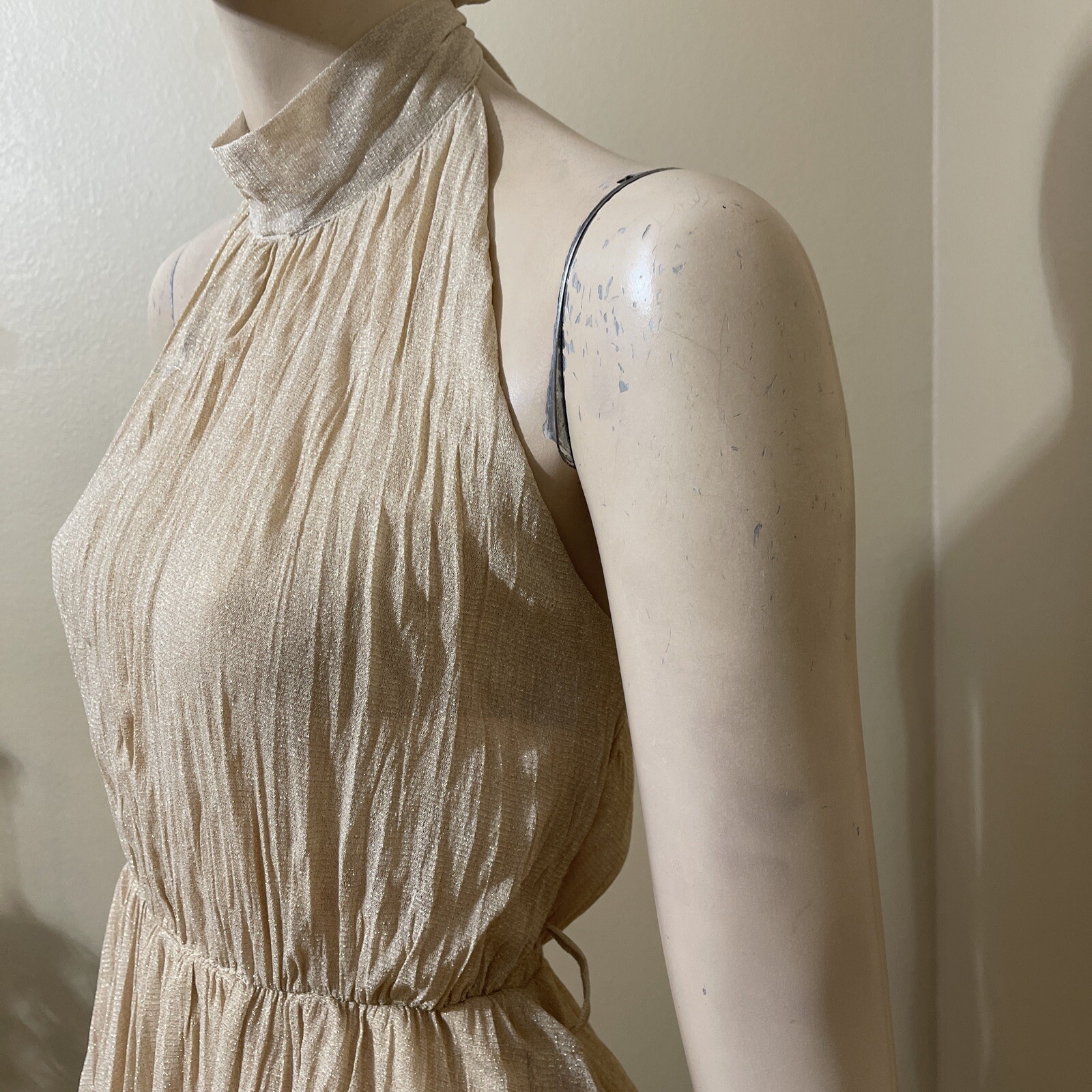 Women’s Beige Polyester Cocktail Layered Pleated Open On Tie Midi Size S Dress