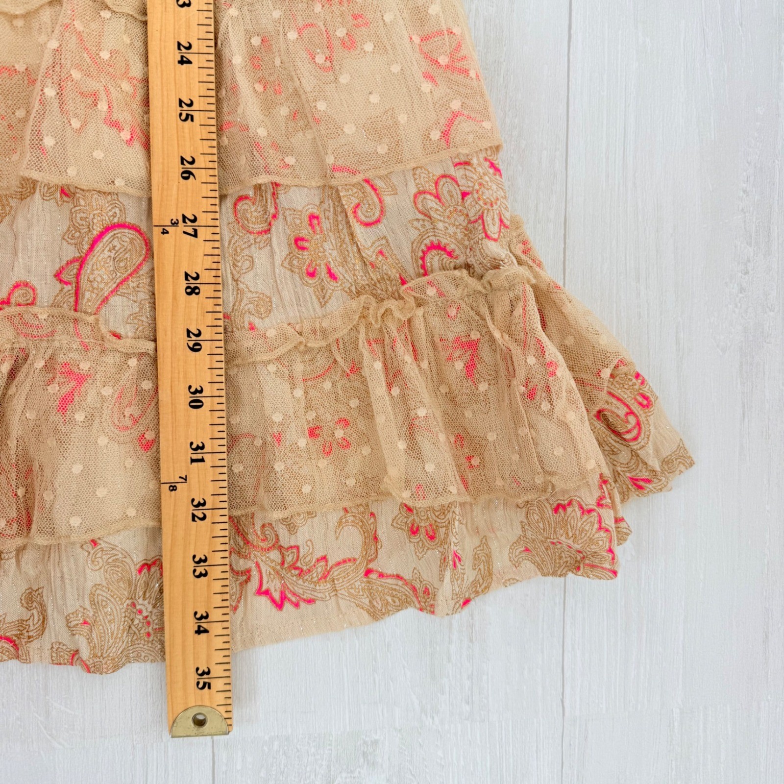Ananta Paisley Boho Mini Dress Size L Tan Pink Crochet Lace Tiered Ruffle Tie