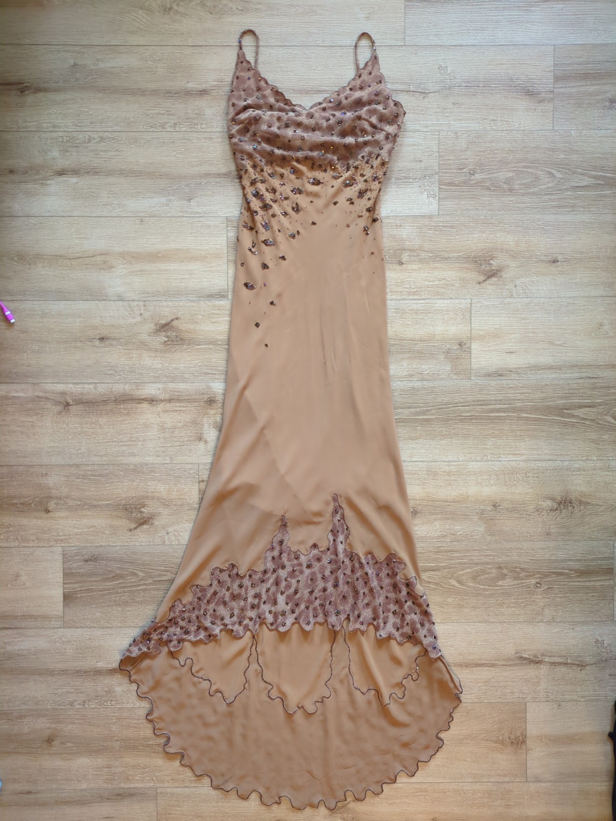 Y2K Style Sparkle Drip Beaded Gown w Train Beige Size 10