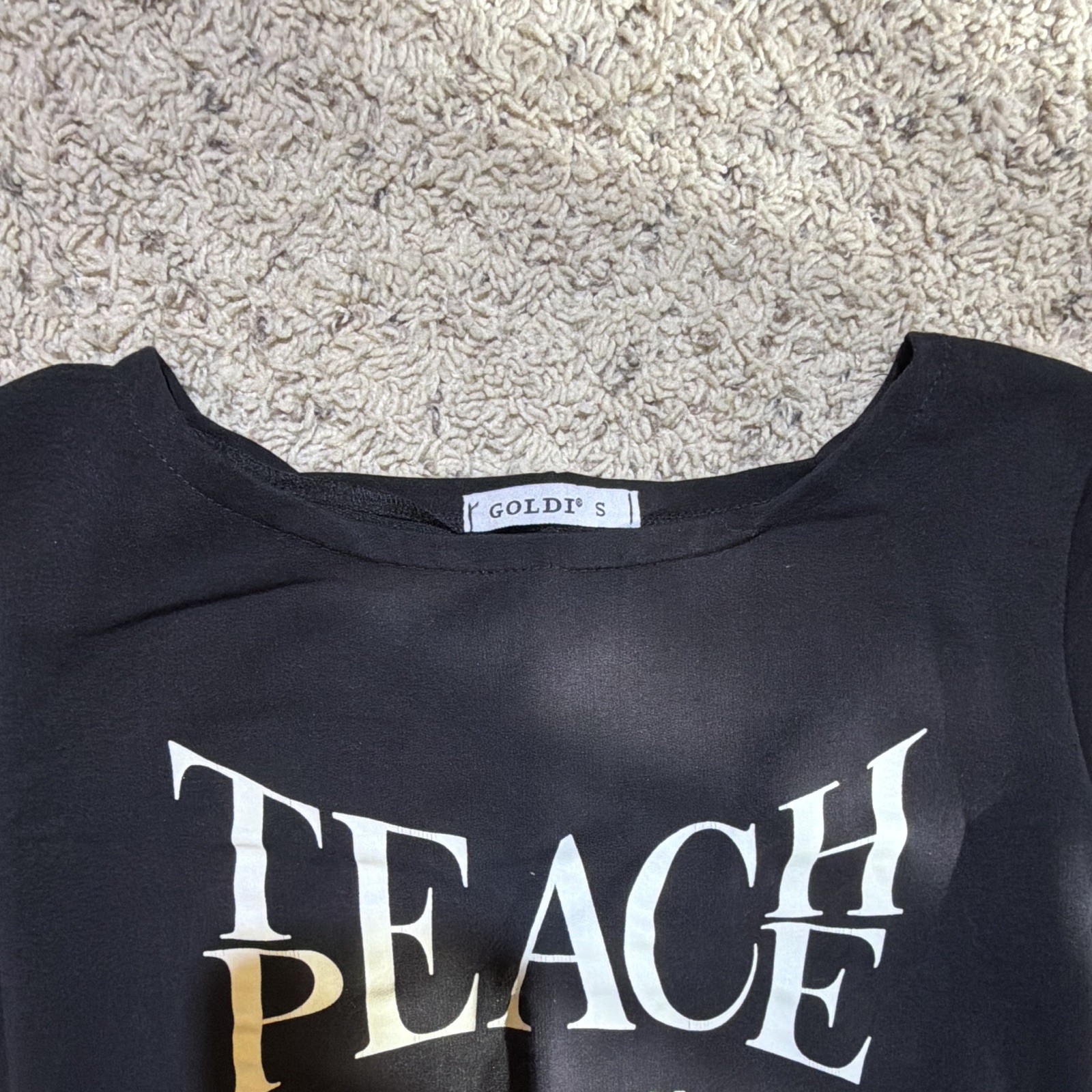 GOLDI’S Black Teach Peace Graphic Bodycon Round Neck Long Sleeve Short Dress S