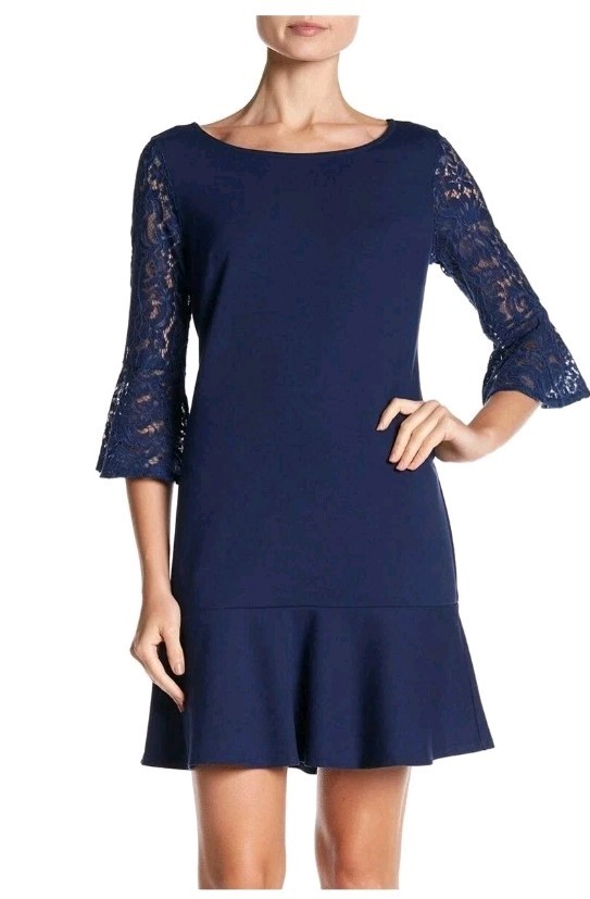 Laundry By Shelli Segal Lace Sleeve Knit Dress Navy Womens Size 8 $168