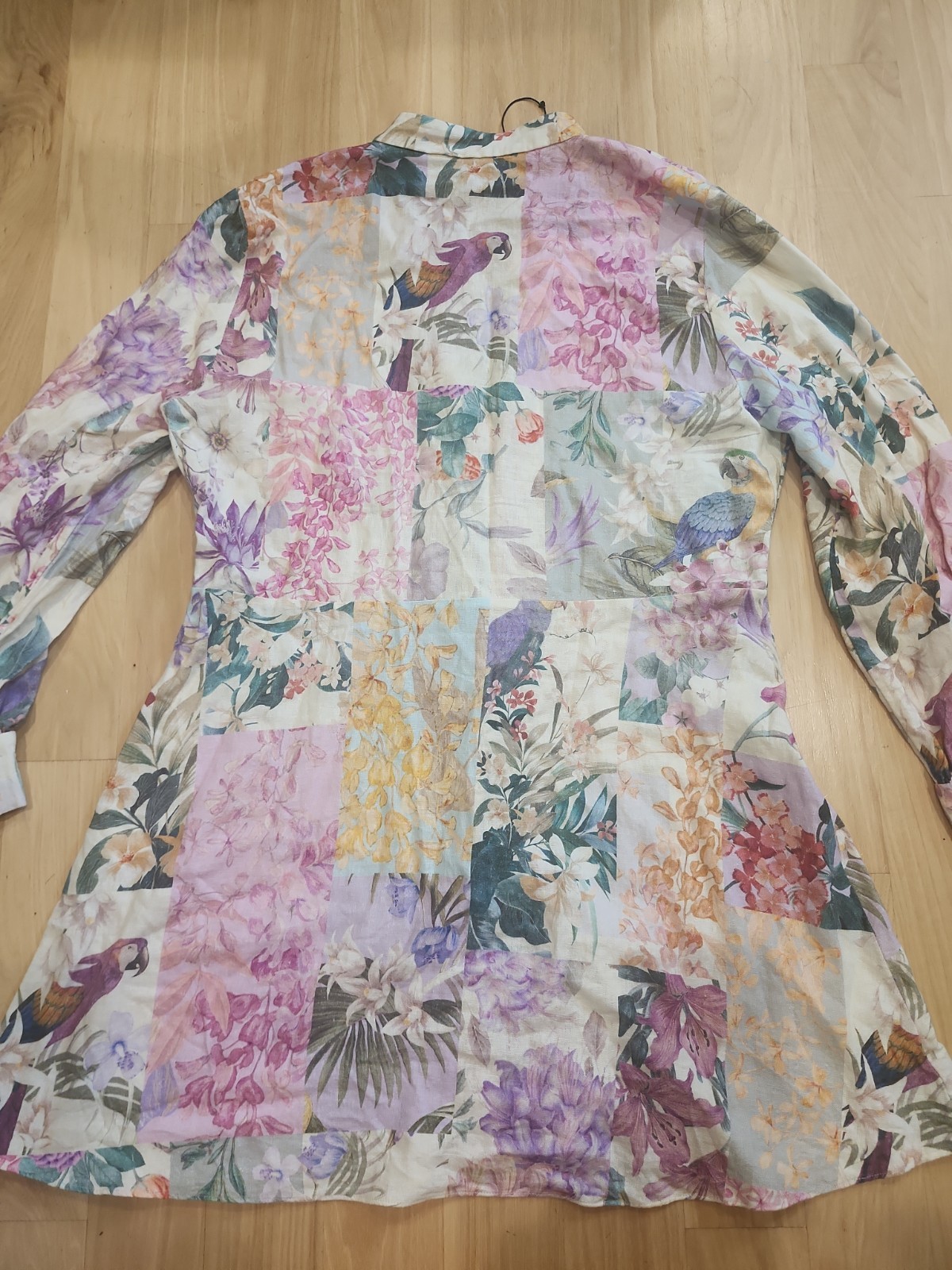 Zara Floral Pastel Patchwork Linen Stand Collar Dress XL Zimmermann Inspired