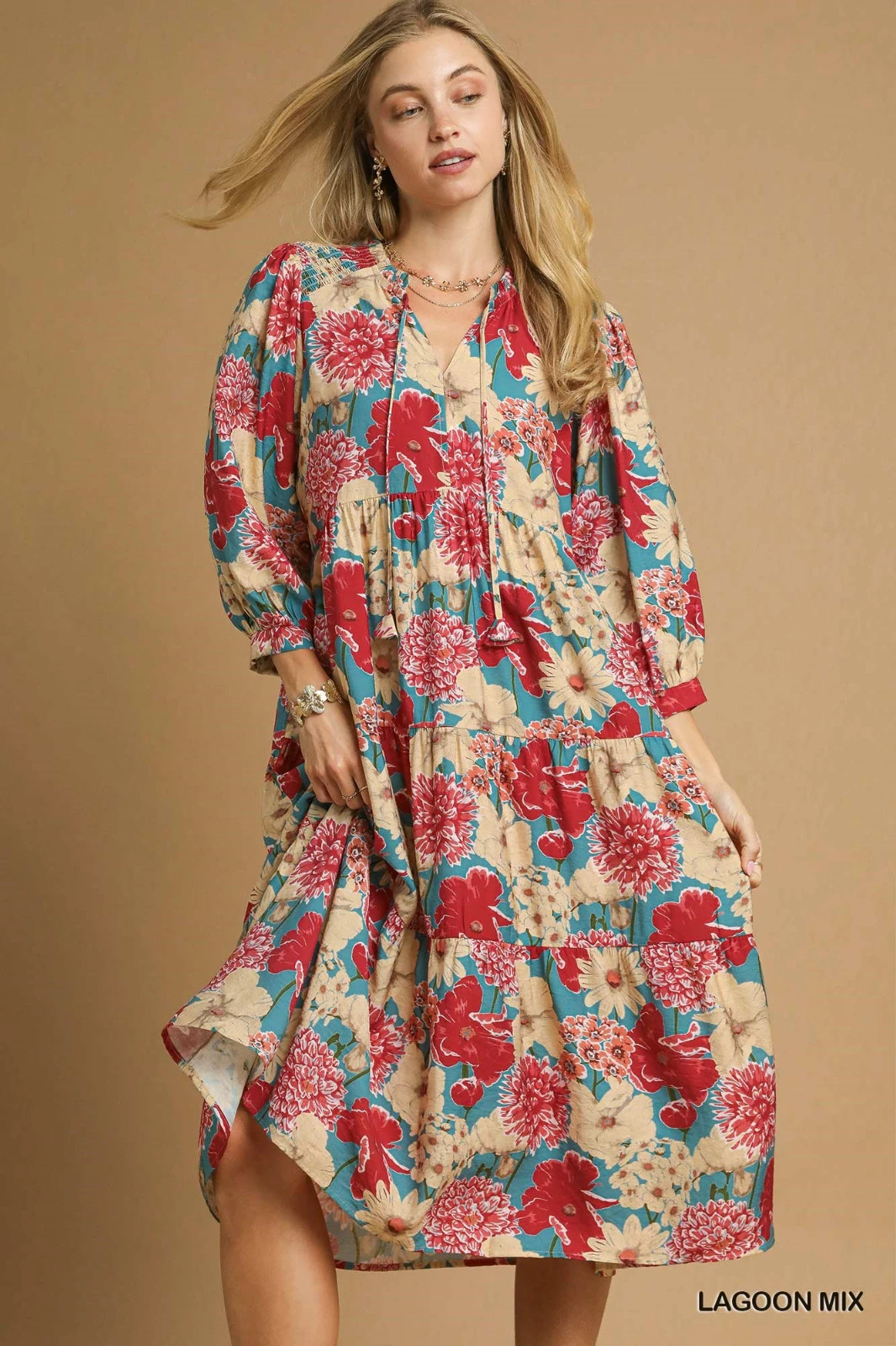 Umgee Mix Tiered Floral Midi Dress Tie Neck w/ Long Puff Sleeves