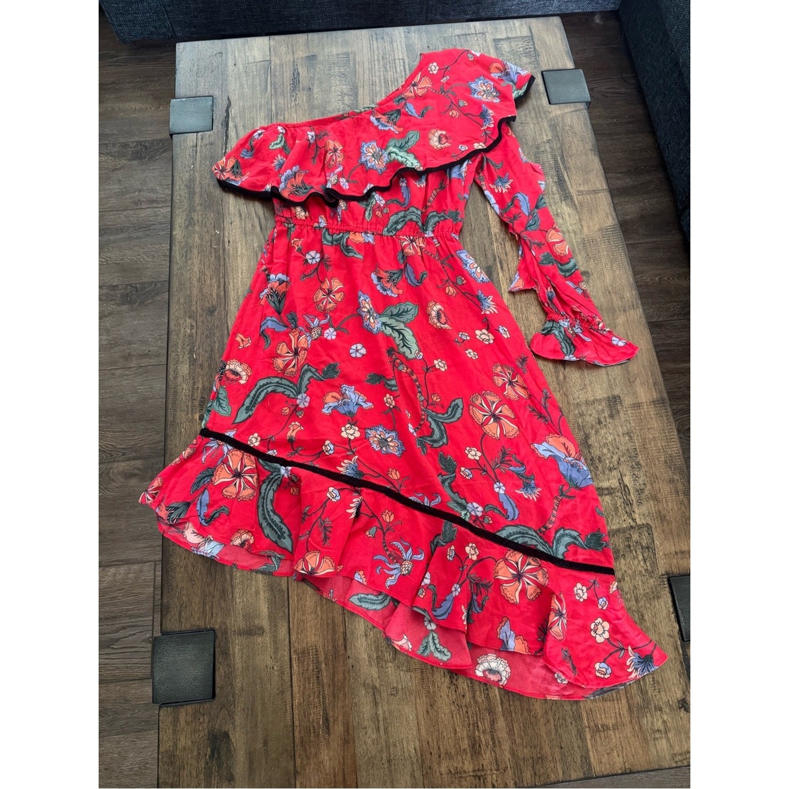 Love Sam Red Floral One Shoulder Asymmetrical Ruffle Dress XS Boho Viscose