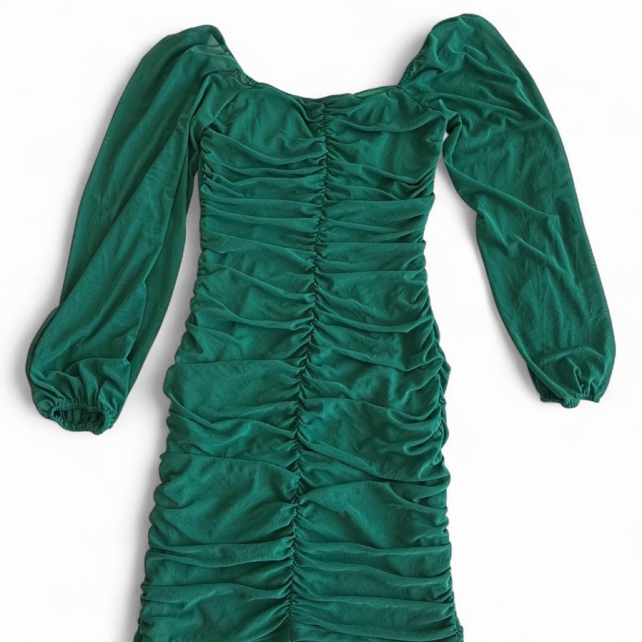 Prettygarden Green Ruched Square Neck Puff Long Sleeve Bodycon Midi Dress S