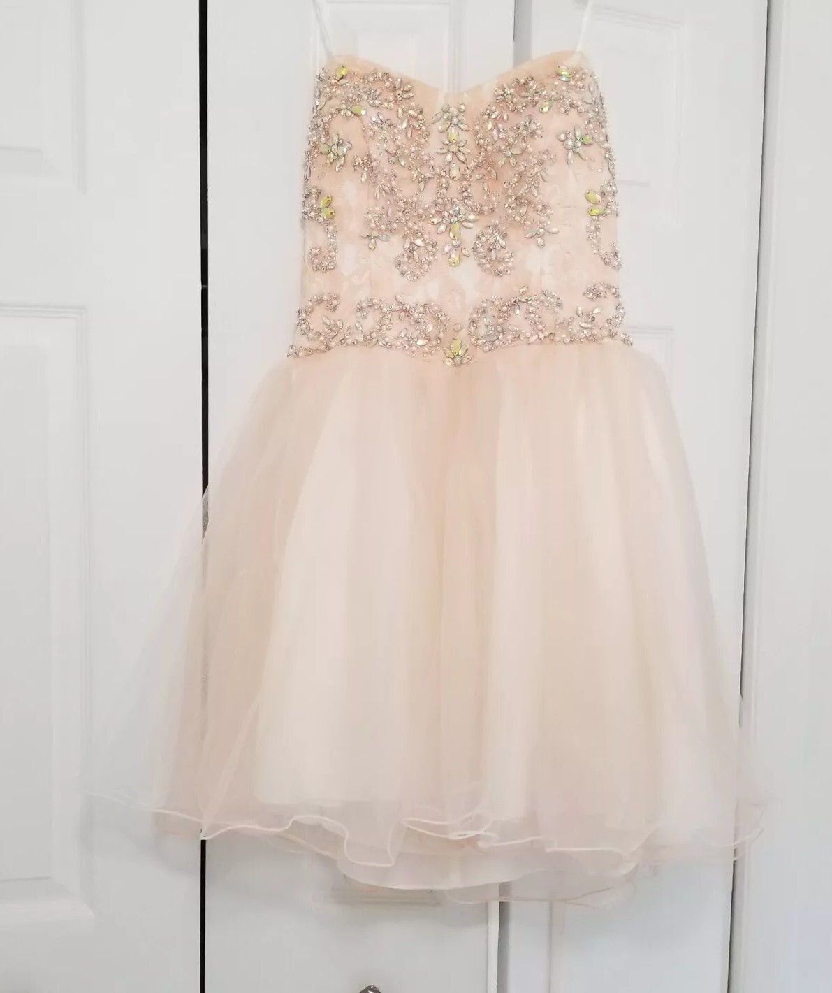 Camille Le Vie Dress Size 6 Short Champagne Dress with Beaded Embroidery