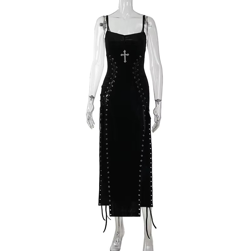 Goth Dark Punk Velvet Dress High Split Hem 90s Grunge Mall Gothic Sexy Strap Gow