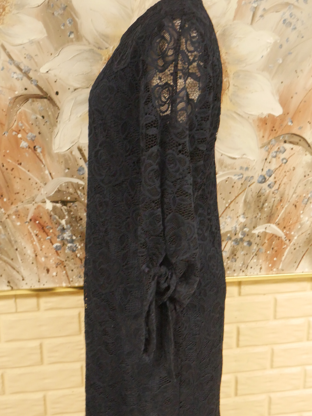 EUC ELEGANT LIZ CLAIBORNE SZ 10 BLUE LACE DRESS SHEER 3/4 SLEEVES / BOTTOM TIES