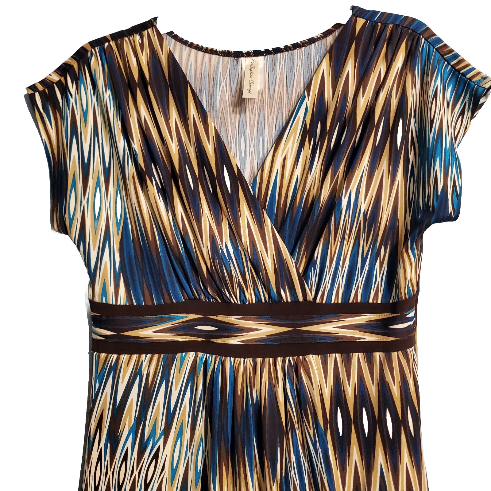PerSeption Concept Dress Womens Small Brown Teal V-neck Cap Sleeve