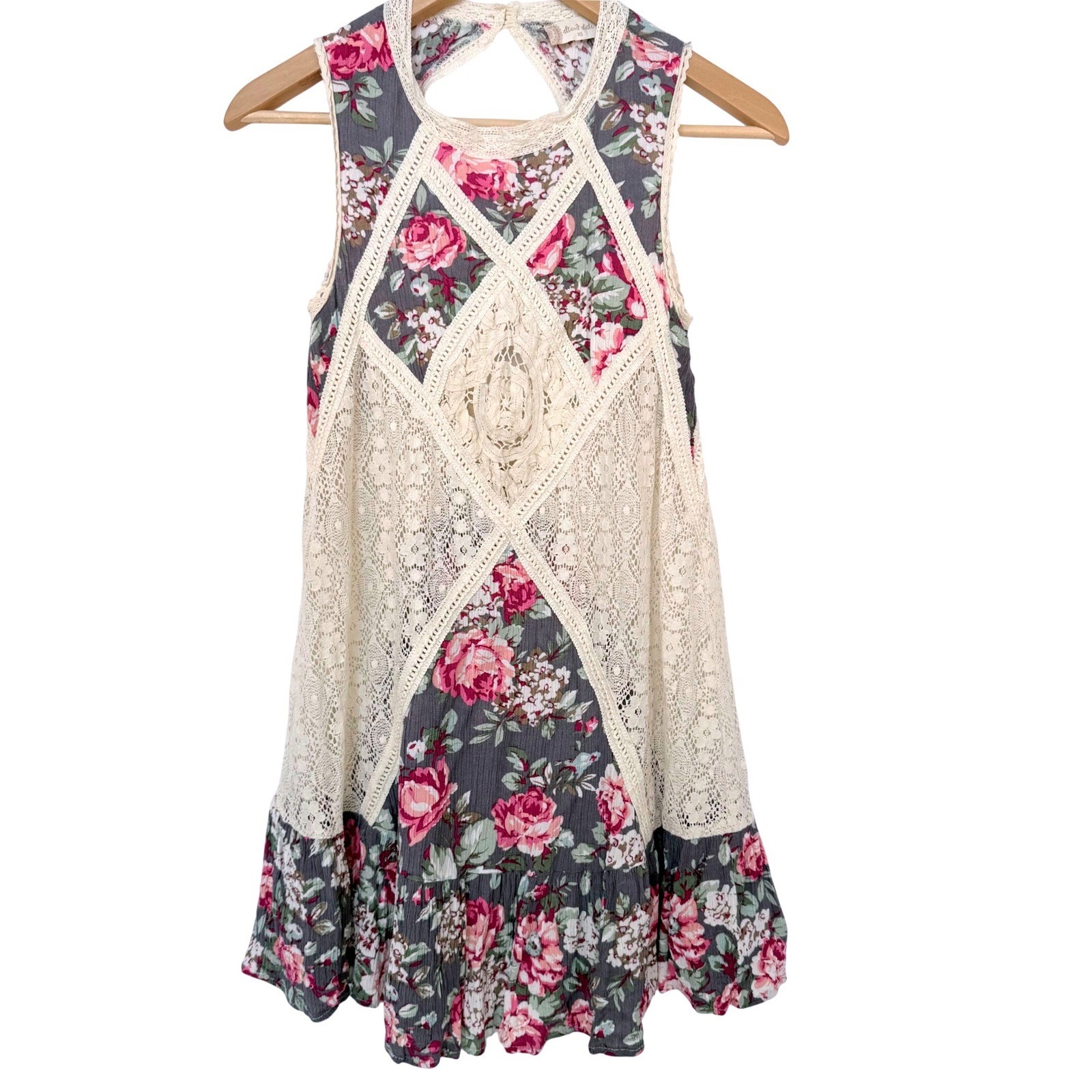 Womens Fairy Crochet Floral Lace Boho Keyhole Back Dress Pink Festival Romantic