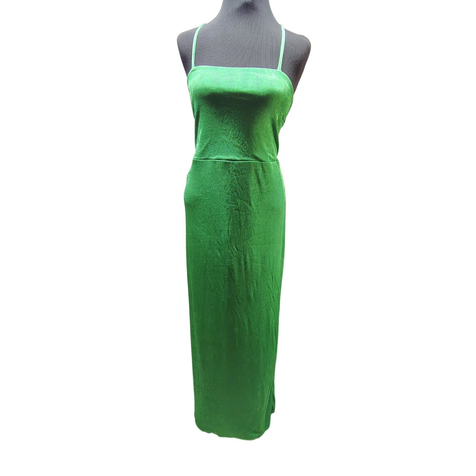 Wild Fable Emerald Satin Lace Up Back Midi Dress Side Slit Women’s Large