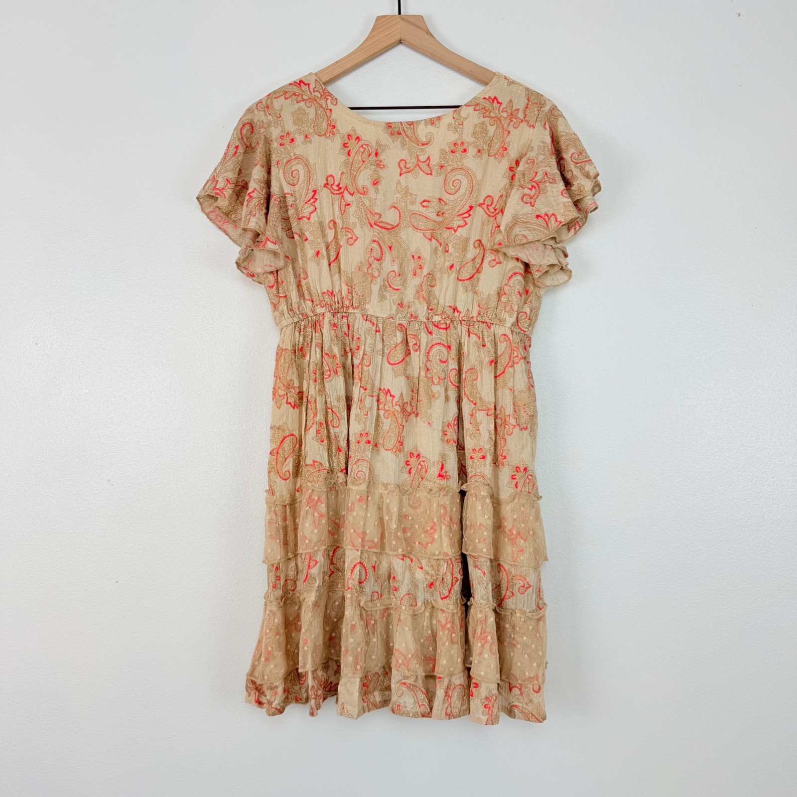 Ananta Paisley Boho Mini Dress Size L Tan Pink Crochet Lace Tiered Ruffle Tie