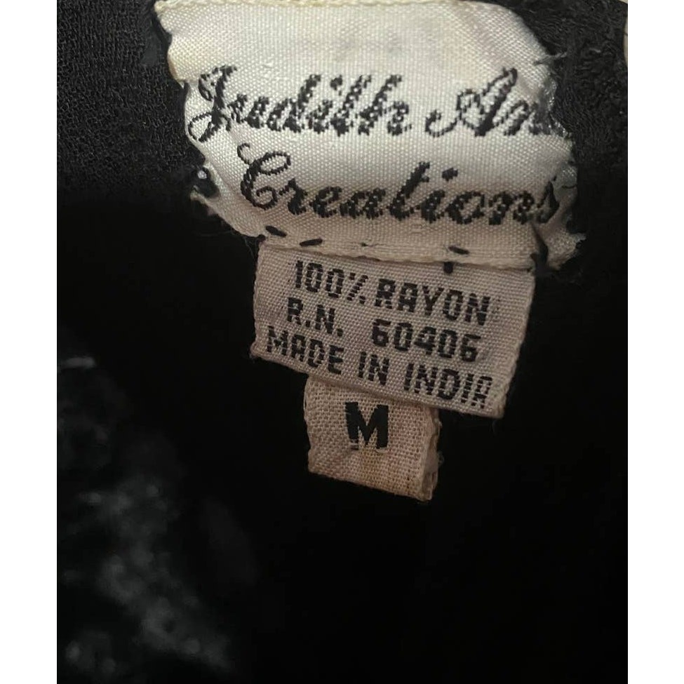 VINTAGE JUDITH ANN DRESS M BLACK SEQUIN BEADED TIERED RUFFLE SHEER MESH LACE