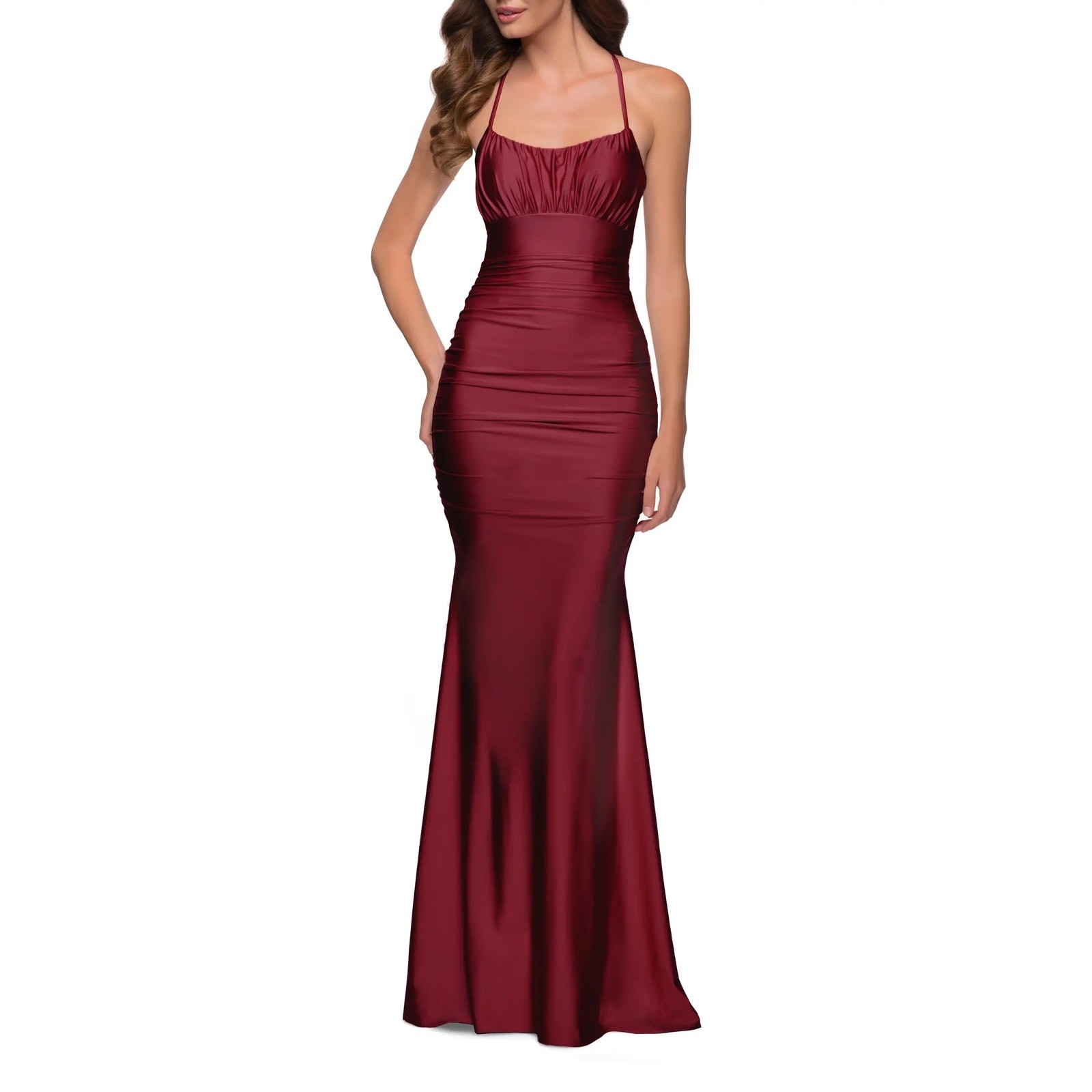 La Femme 29873 Shiny Jersey Trumpet Gown 8 Burgundy Red Formal