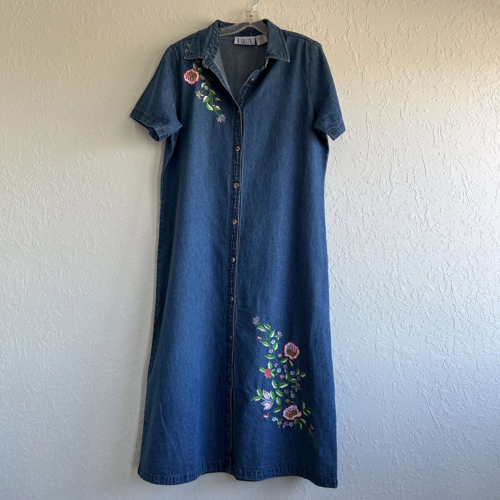 Denim Blue Dress With Flower Embroidery Ankle Length 47″ From Neck To Hem