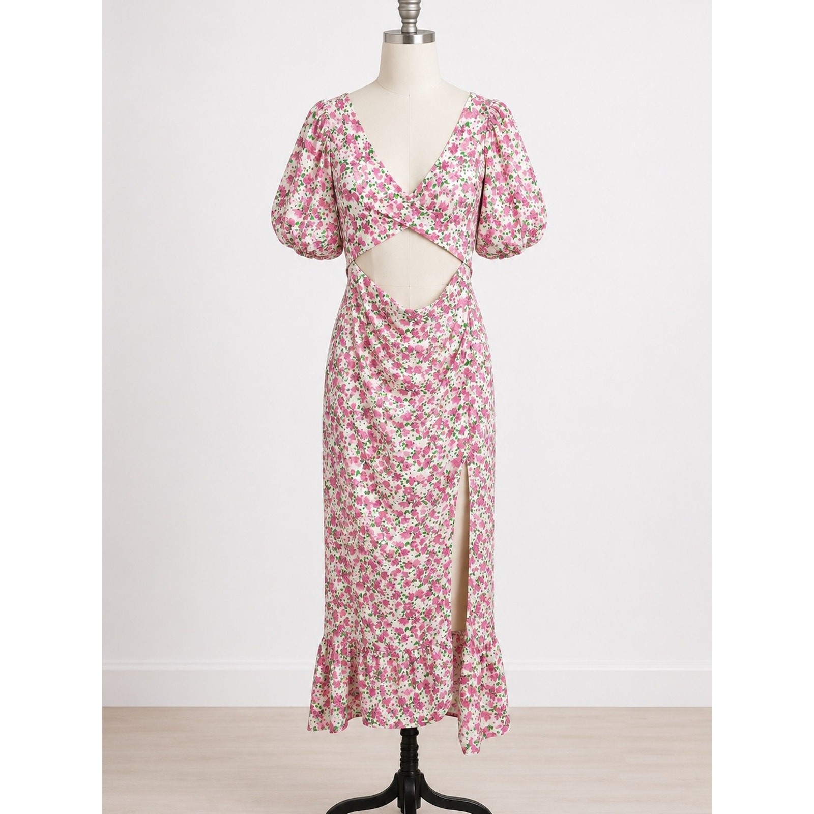 Sugar Lips Pink Floral Cutout Puff Sleeve Maxi Dress Size S