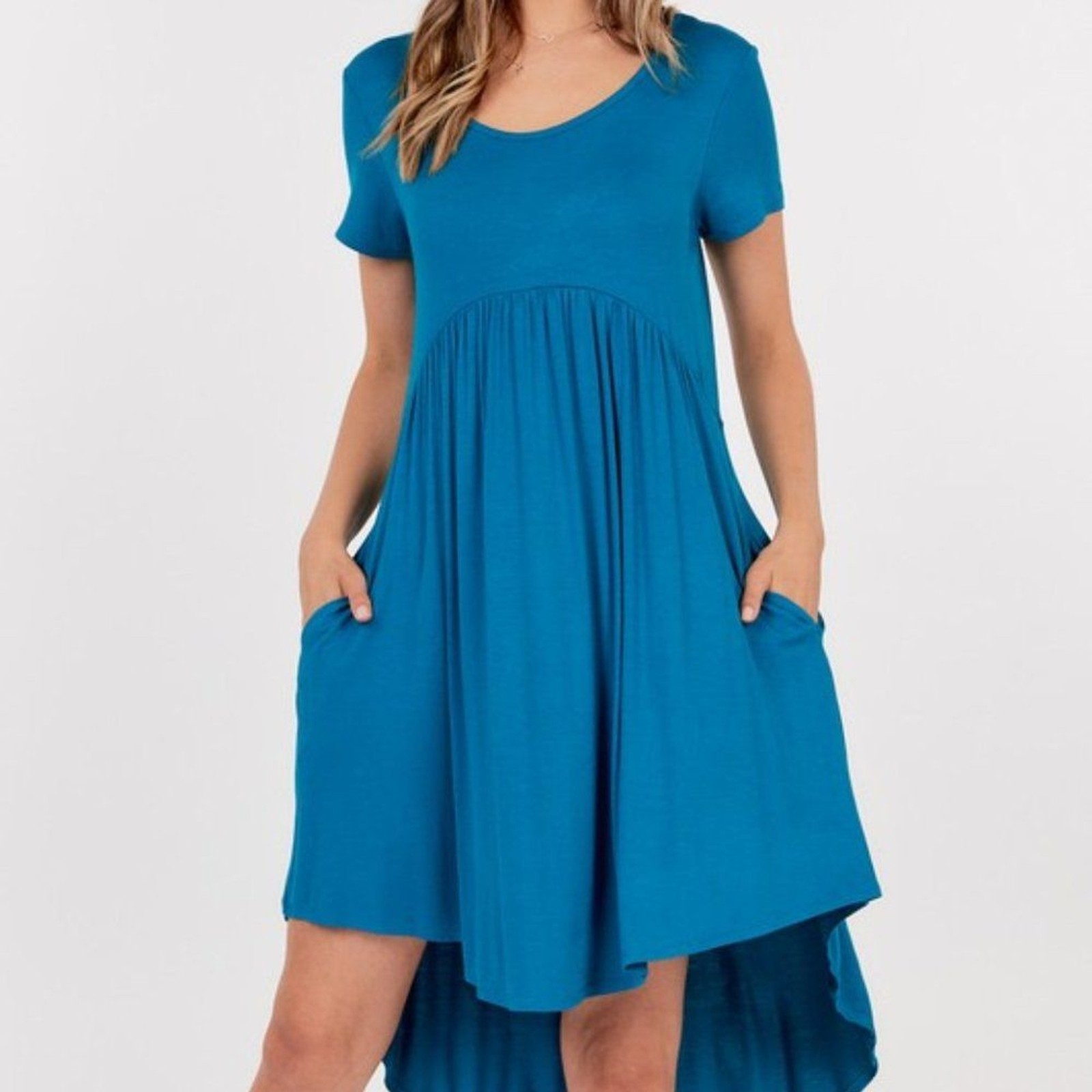 NEW Basic USA T-Shirt Neck High-Low Hem Aqua Midi Pockets Dress Large NWOT