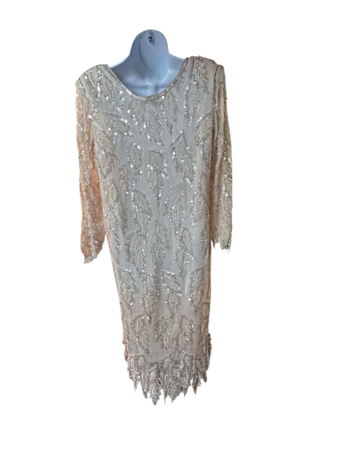 Scala Silk Beaded Sequin Shift Dress L Nude Pink Formal Cocktail Evening