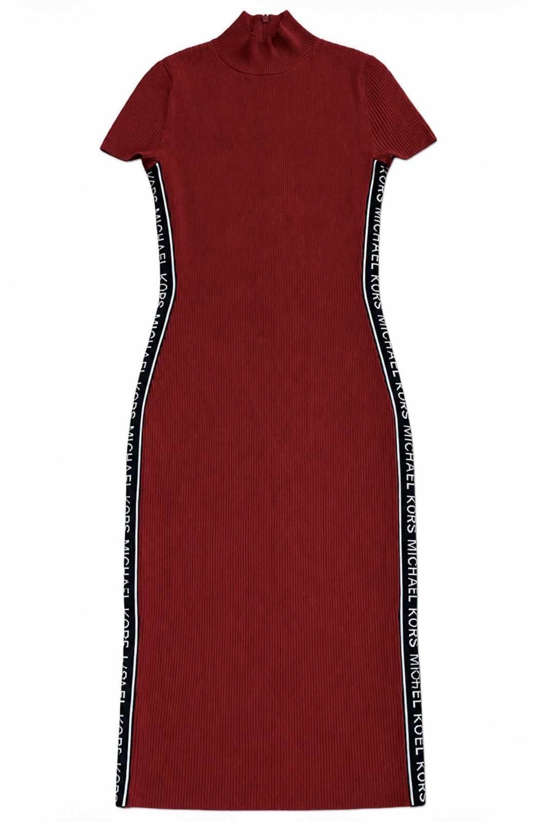 MICHAEL KORS Logo Tape Ribbed Knit Midi Dress Scarlet Red Mock Neck Small S