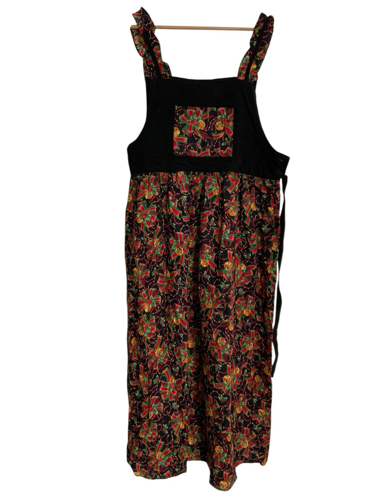 C.W. Rose Vintage Christmas Overalls Dress Gold Ribbon Red Black Size 8