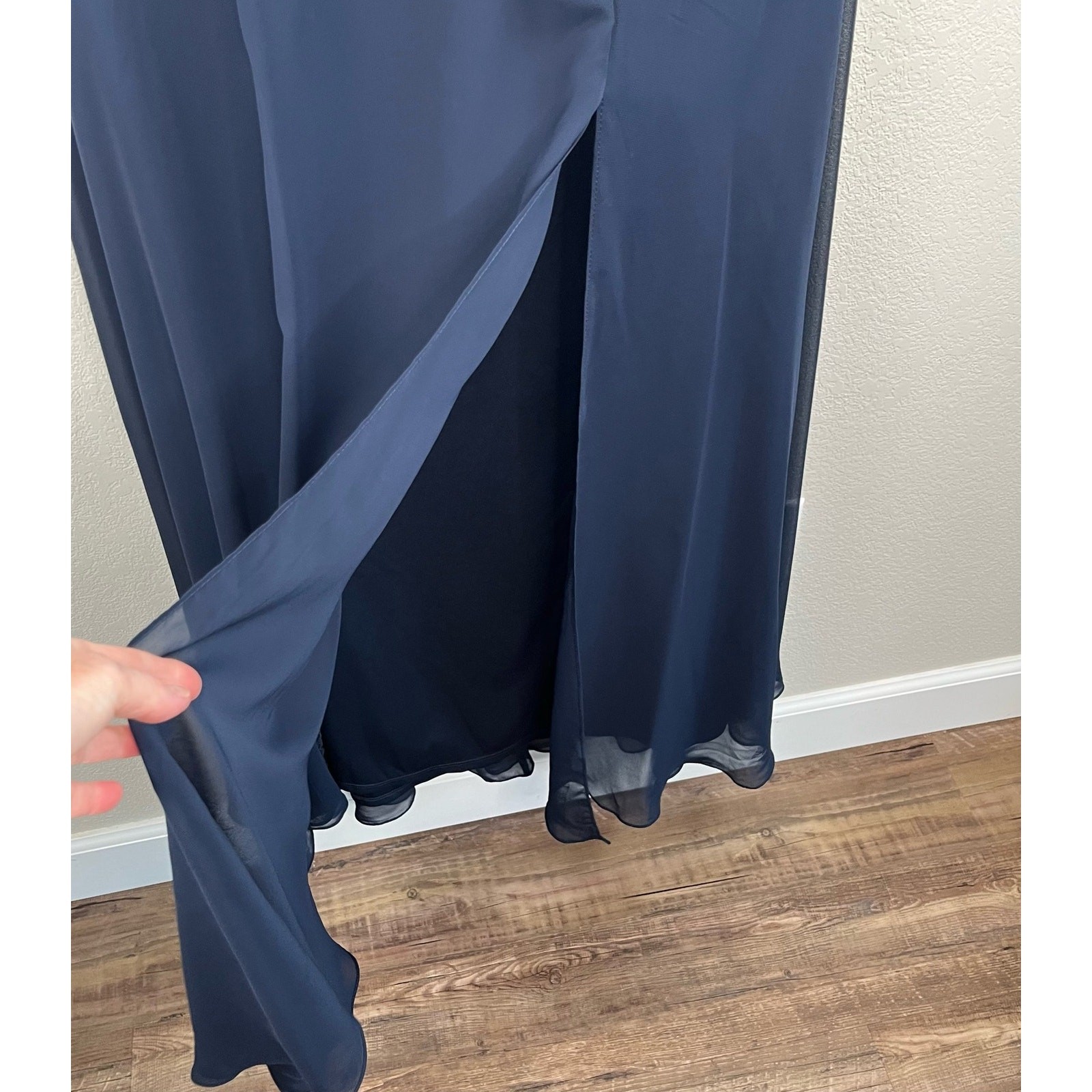 After Six Navy Lux Chiffon Gown Off Shoulder Formal Maxi 4 Prom Wedding NWOT