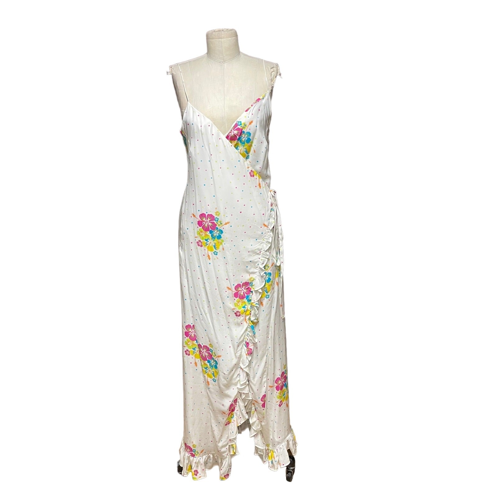 All Things Mochi Melanie Maxi Dress Wrap Floral Polka Dot Ruffle White Size XS