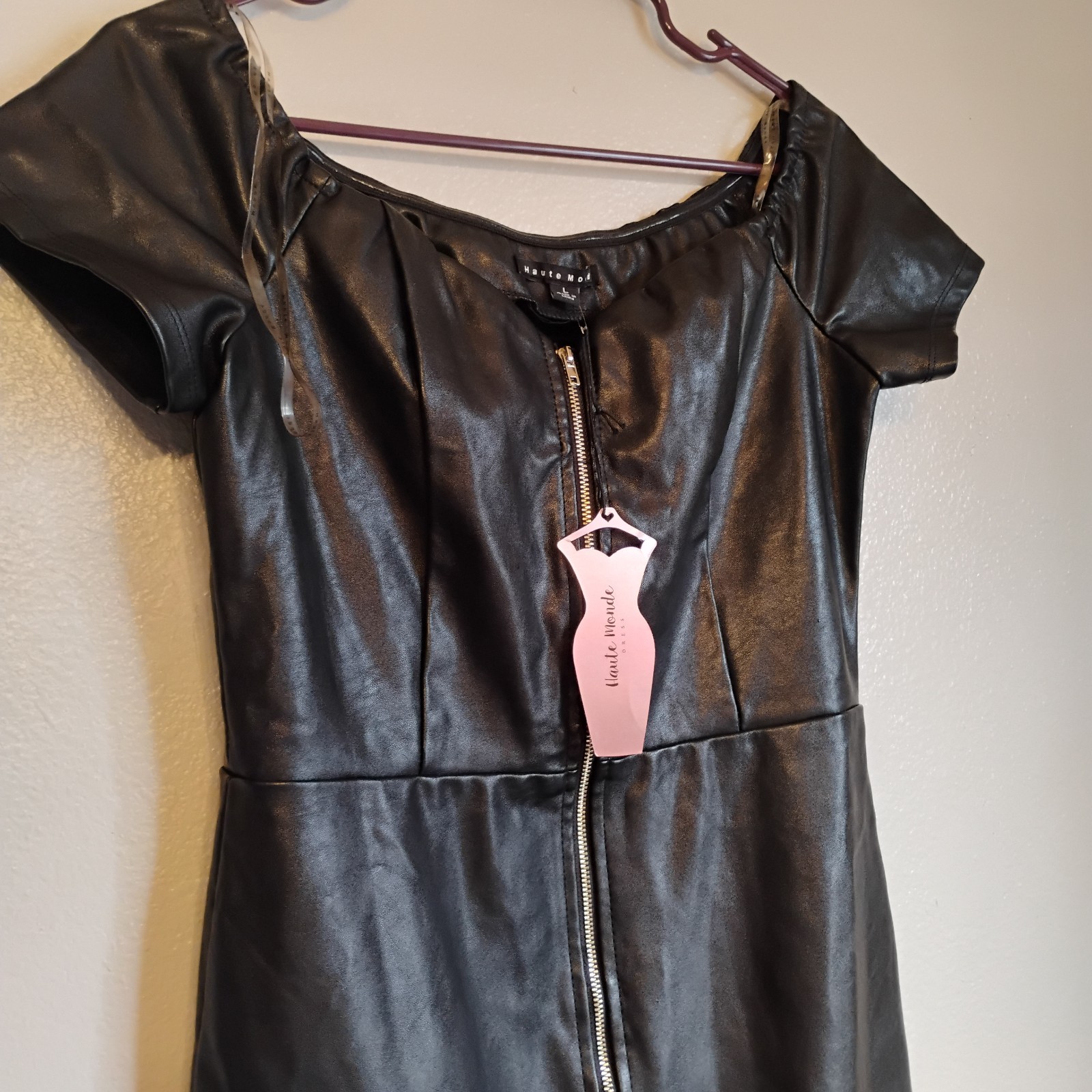 Haute Monde Black Faux Leather Zip Front Bodycon Midi Dress Size L NWT