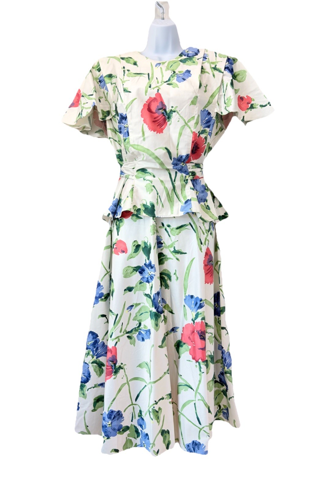Vintage 1980s Halmode Plus Cotton White Floral Print Peplum waist sash belt 16W