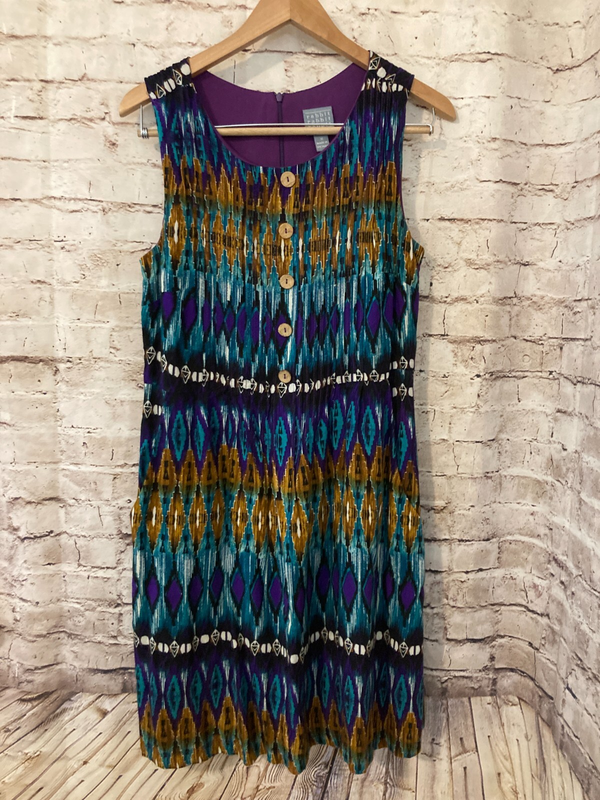 Rabbit Dress Womens 10 A Line Purple Turquoise Aztec Pleated Button Front Zip Up