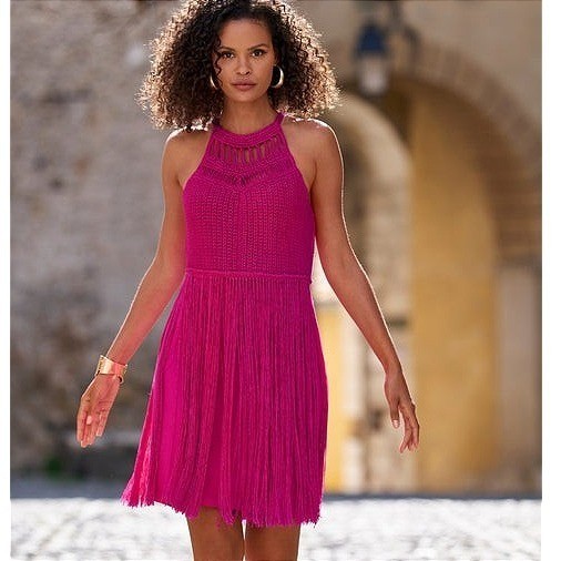 Boston Proper Halter Crochet Fringe Shift Dress Pink Party Flirty Movement – S