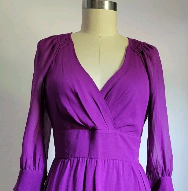A/X ARMANI EXCHANGE PURPLE 100% SILK MINI DRESS with SEMI SHEER 3/4 SLEEVES