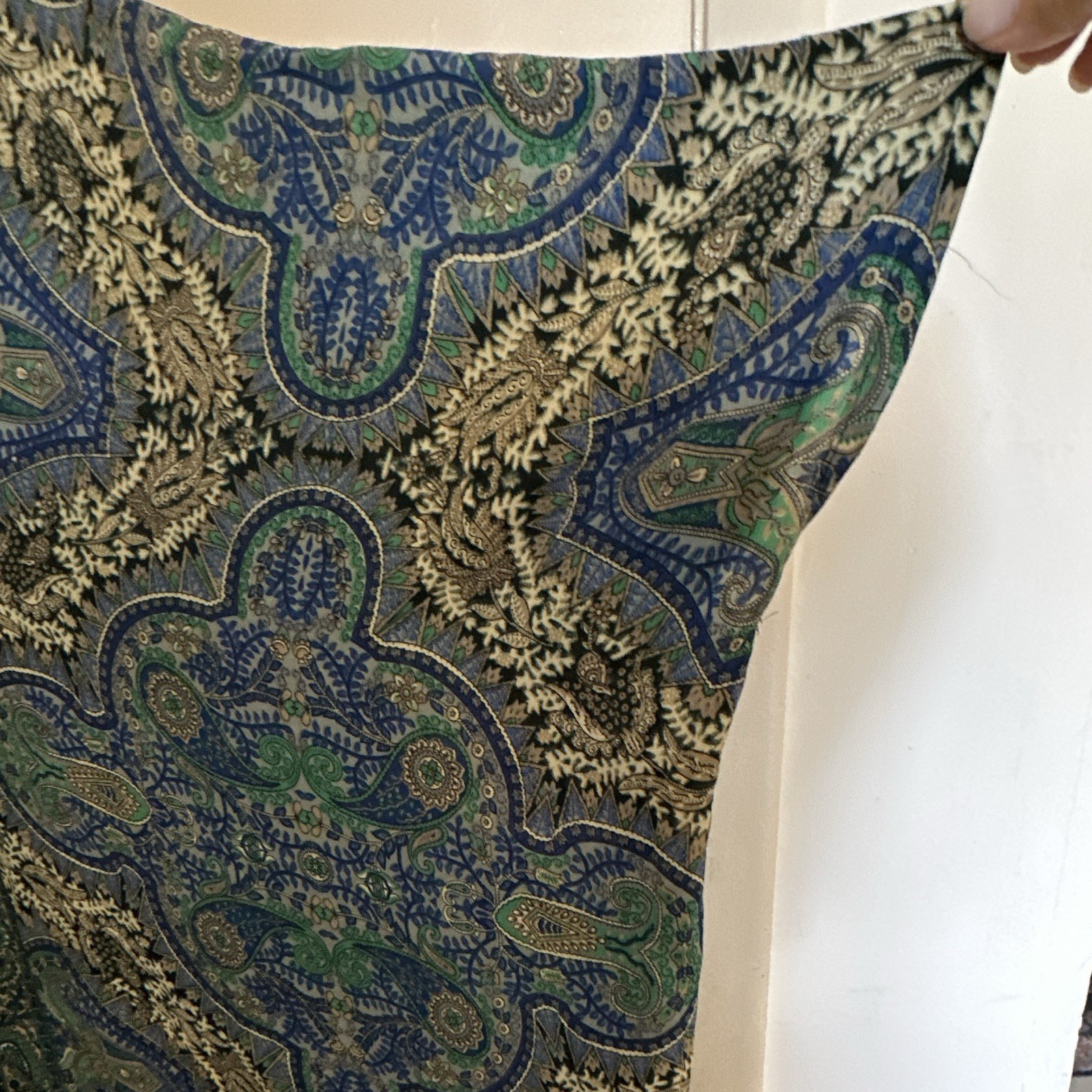 Swarna Silk Viscose Chiffon Paisley Blue Green V-Neck Long Kaftan One Size