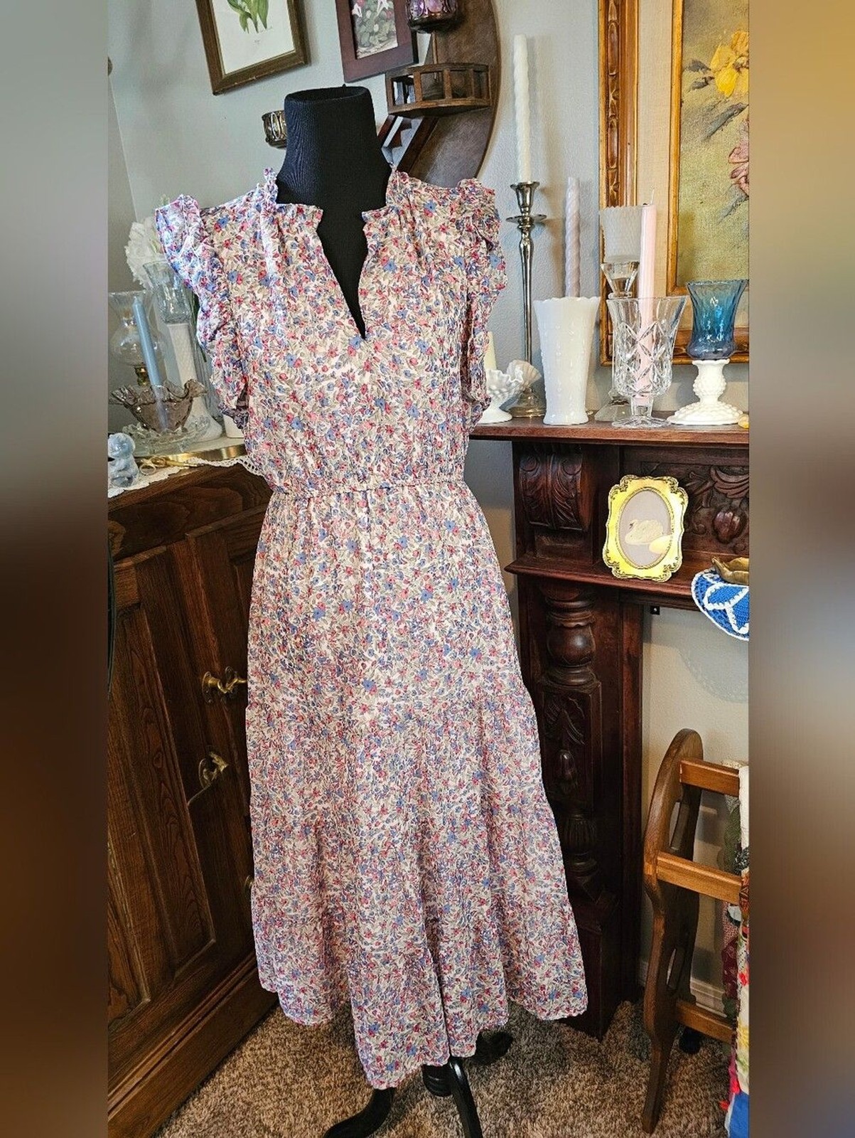 BB Dakota Steve Madden Floral Tiered Midi Dress Small Ruffle Sleeve Lined