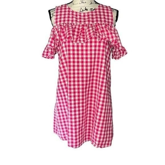 Peach Love California Pink Gingham Ruffle Cold Shoulder Mini Dress Small