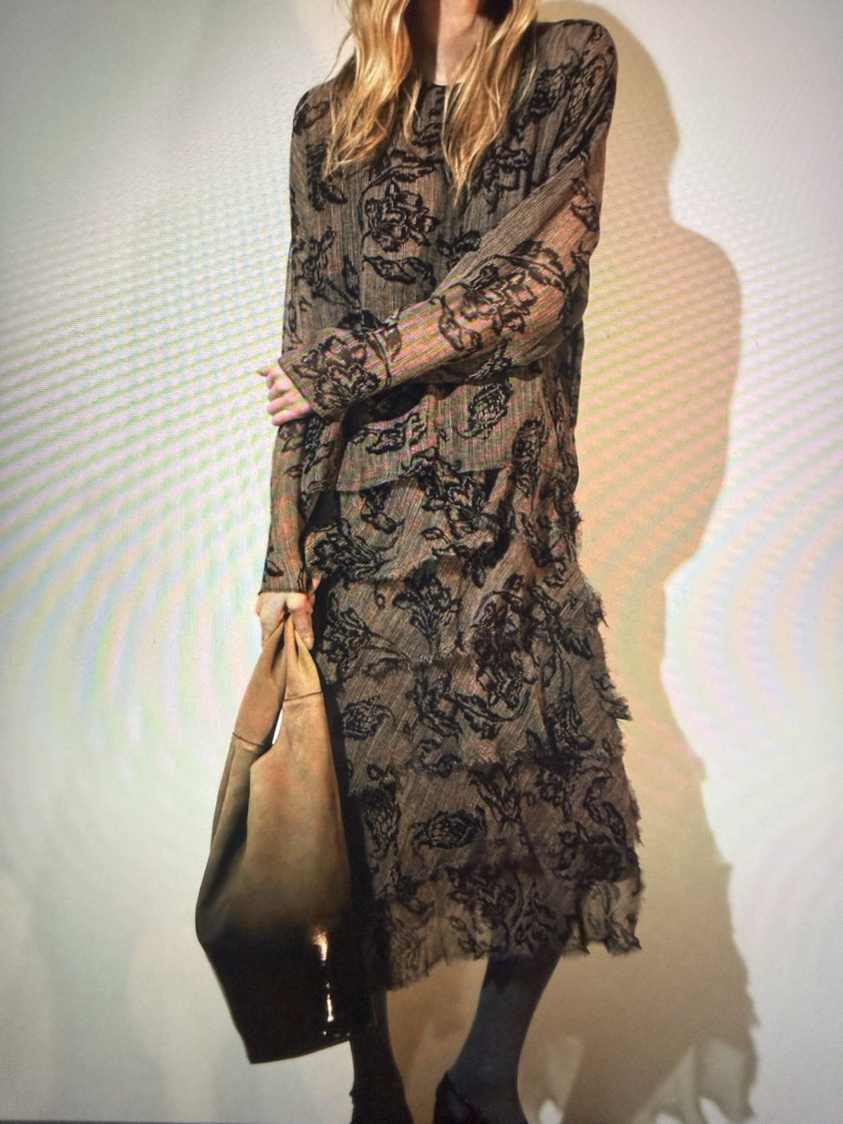 Zara ZW collection printed ruffled dress in Ecru /black size L