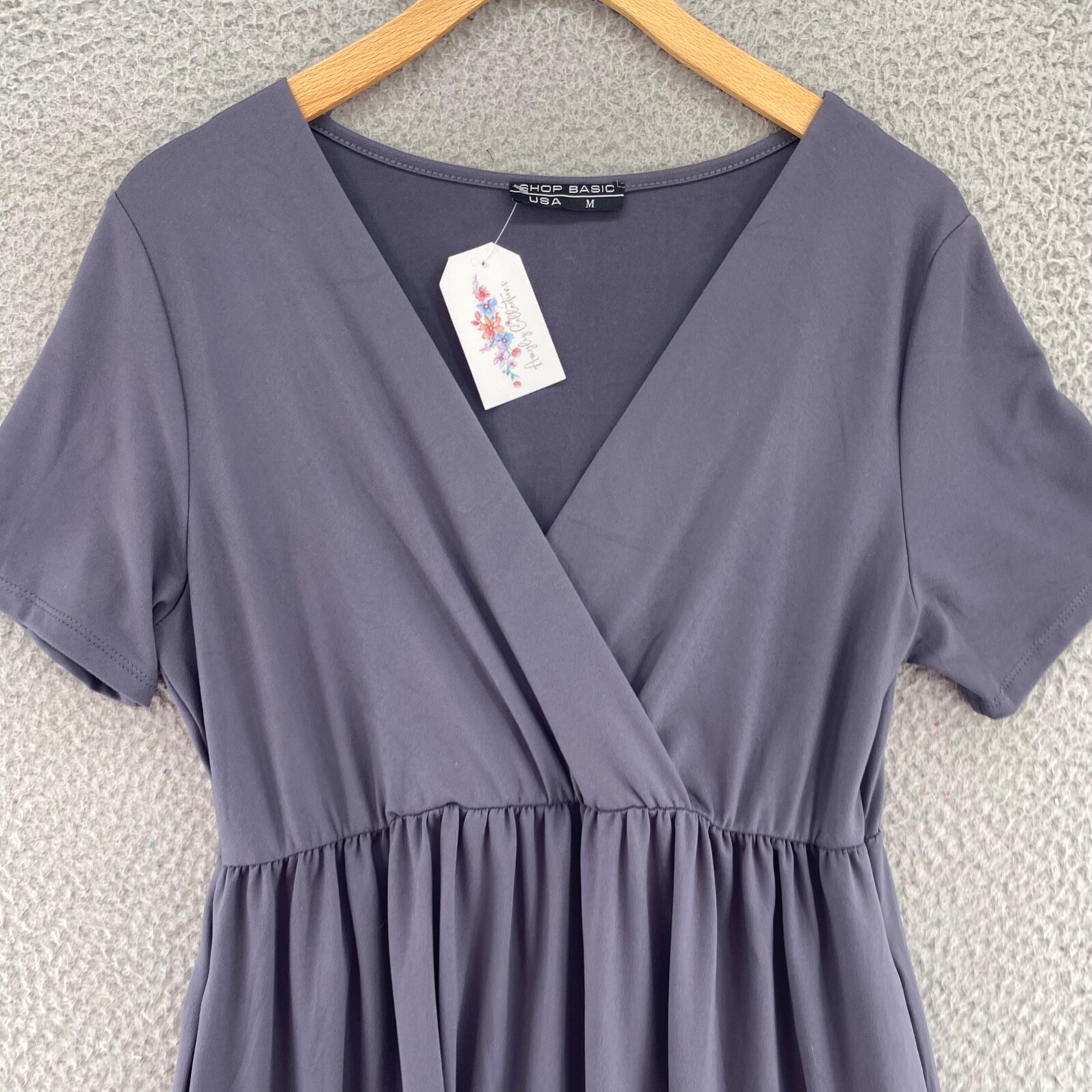 Shop Basic USA Dress Women Medium Gray Blouson Empire Surplice Short Sleeve NWT