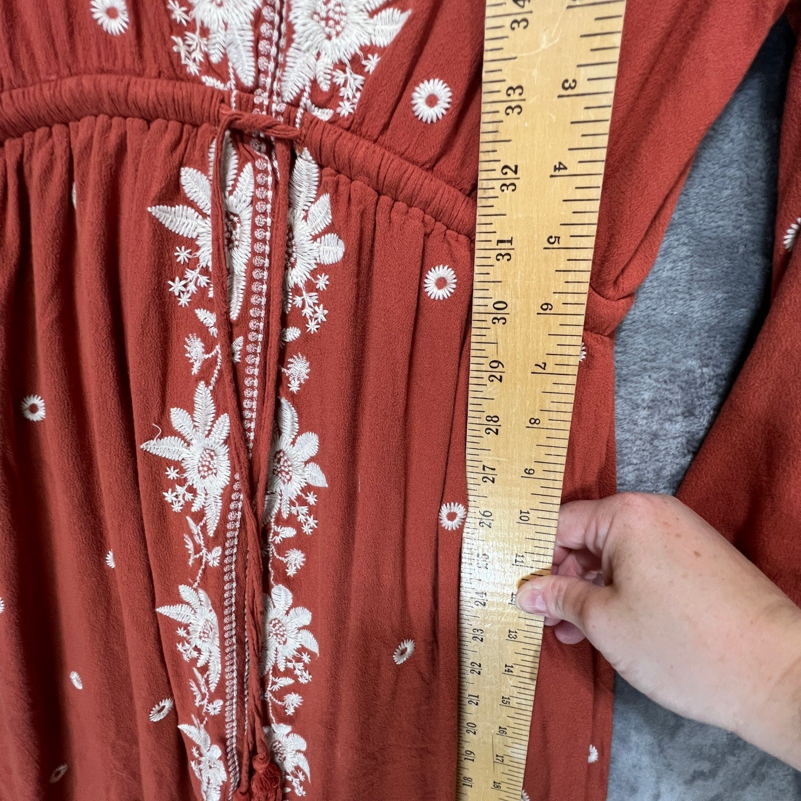 In Loom Rust Embroidered Boho Maxi Dress Long Sleeve V-Neck Size M Boho Peasant