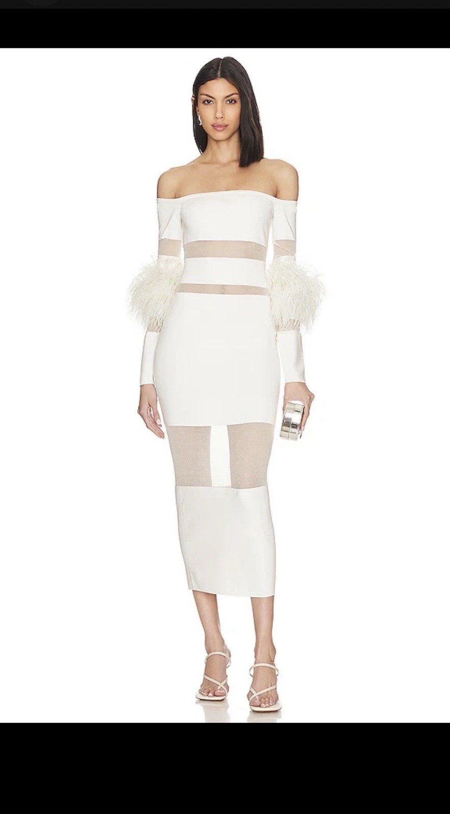 Lapointe White Striped Sheath REAL Ostrich Feather Shoulder Square Neck Midi S