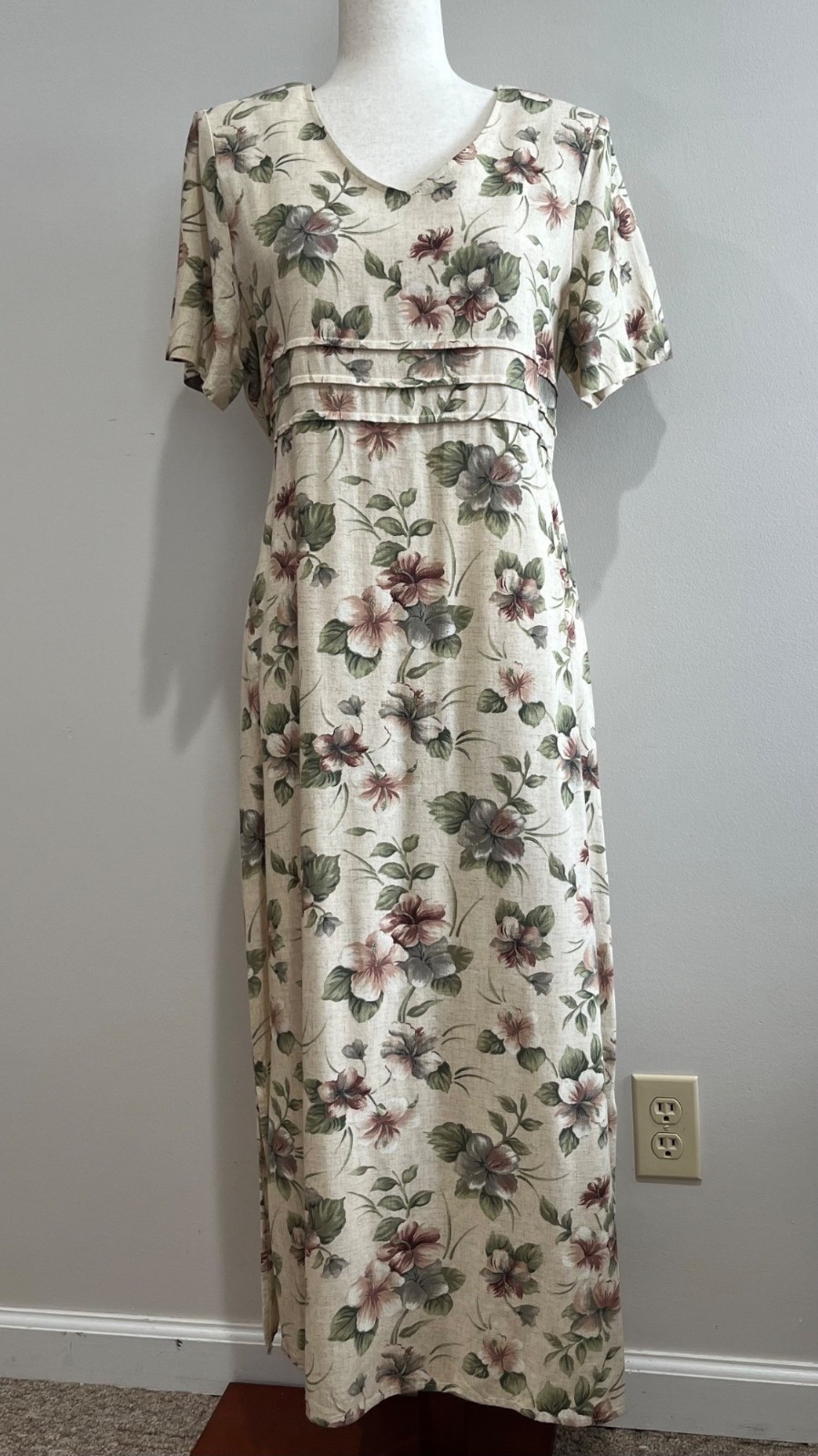 VTG Molly Malloy Midi Dress Womens 10 Beige Floral Rayon/Linen Cottage Core 90s