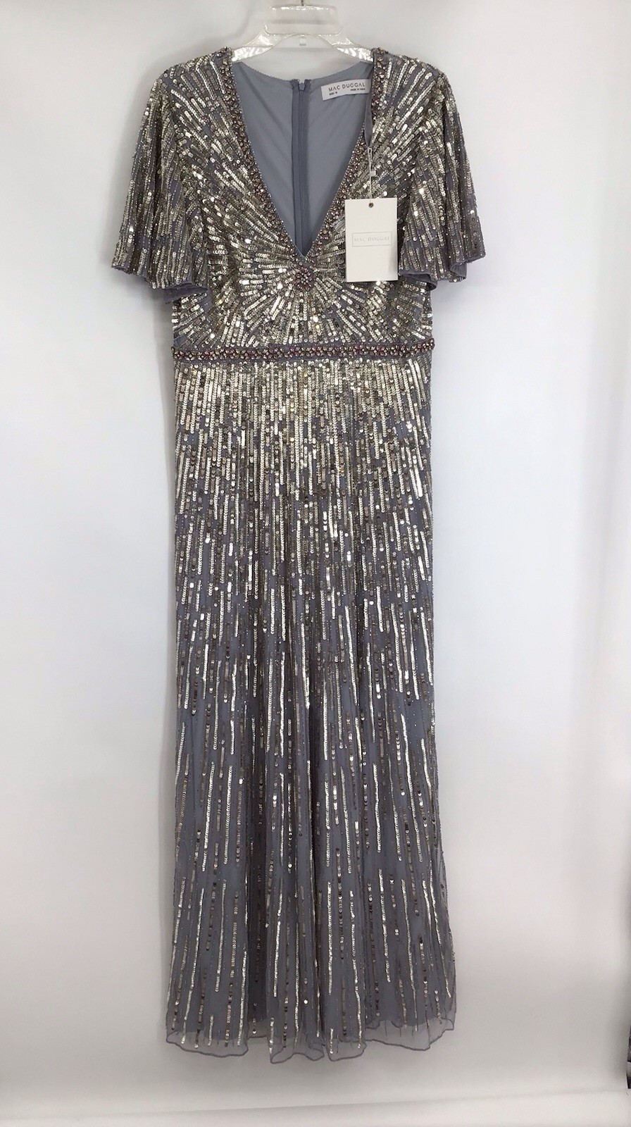 Mac Duggal NWT sequin v-neck flutter sleeve Platinum column gown formal Size 10