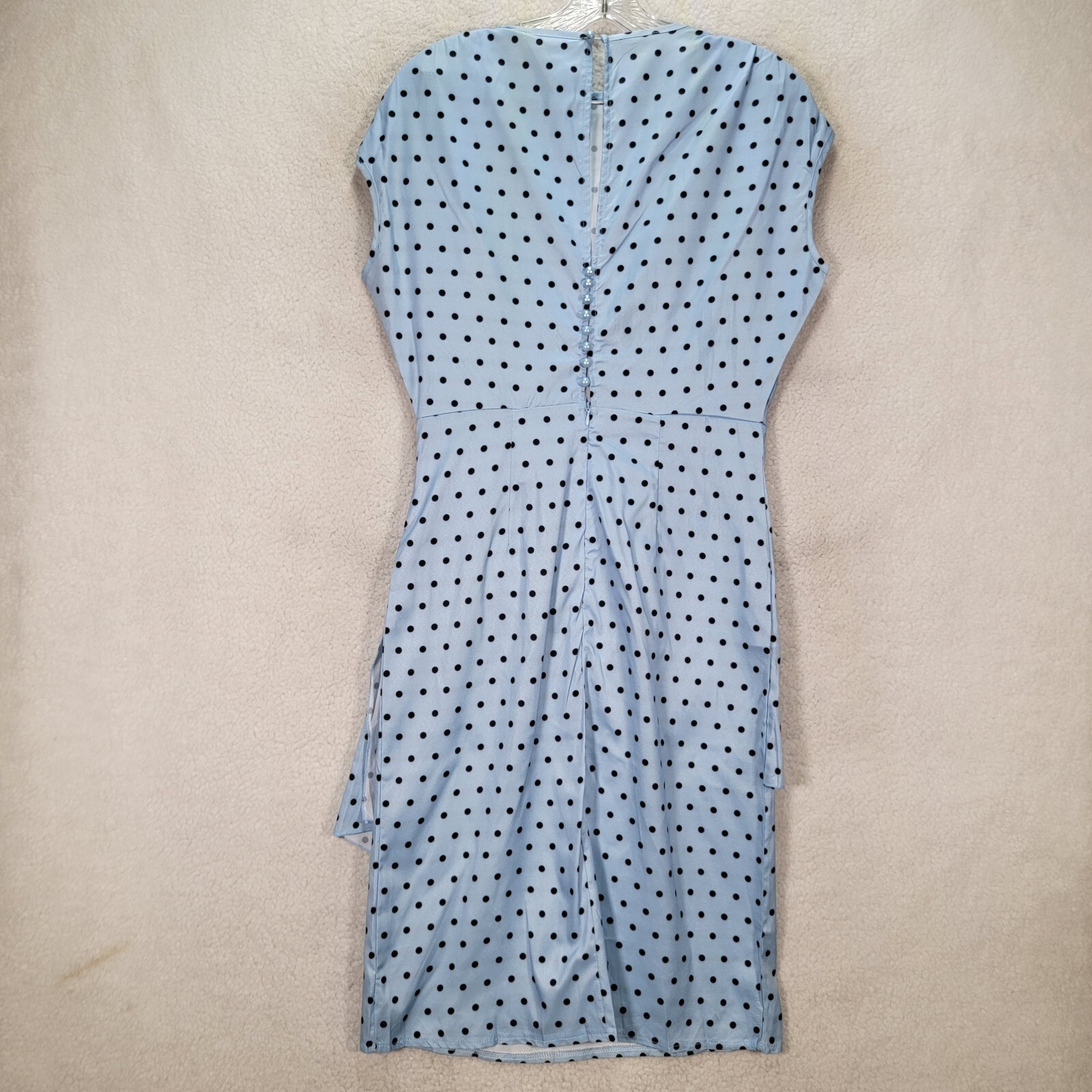 Sky Blue Polka Dot Stretch Pleated Mock Wrap Sheath Elegant Women Dress Size S